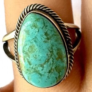 Navajo Turquoise Ring Sz 7.5 Signed Skeets Sterling‎ Native American Handmade